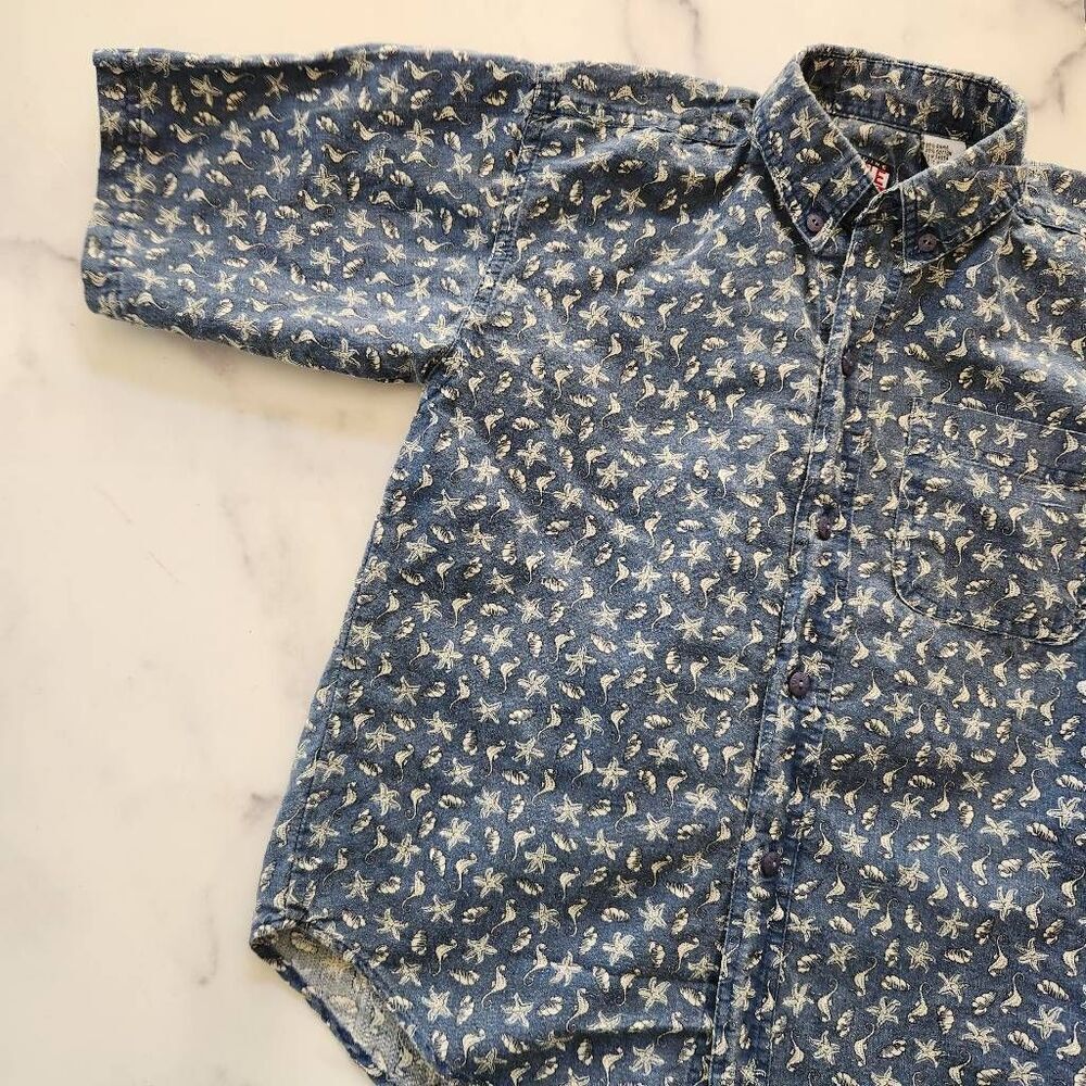 Bugle Boy boys size 7-8 year blue button-up nautical seashell seahorse casual dr